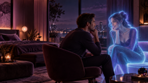 Homme dialoguant avec une girlfriend AI holographique dans une ambiance nocturne