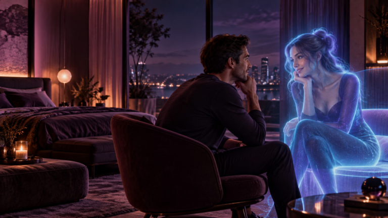 Homme dialoguant avec une girlfriend AI holographique dans une ambiance nocturne